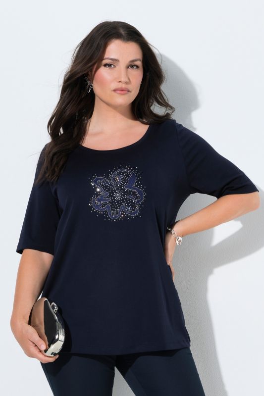 T-shirt en coton Pima, broderie avec petits strass, col rond et manches courtes