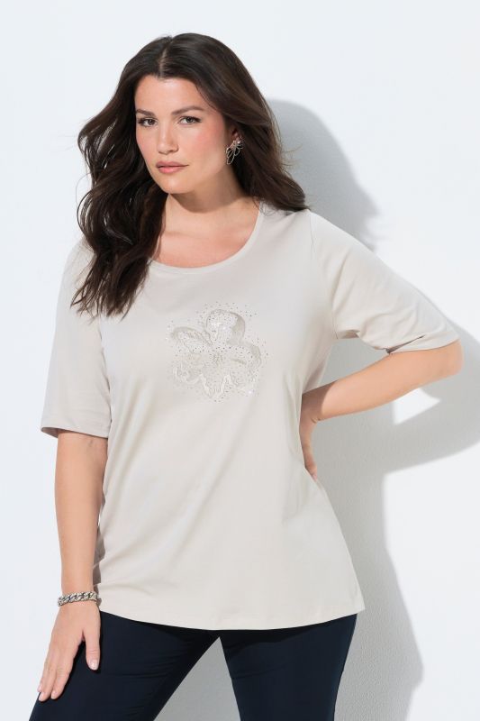 T-shirt en coton Pima, broderie avec petits strass, col rond et manches courtes