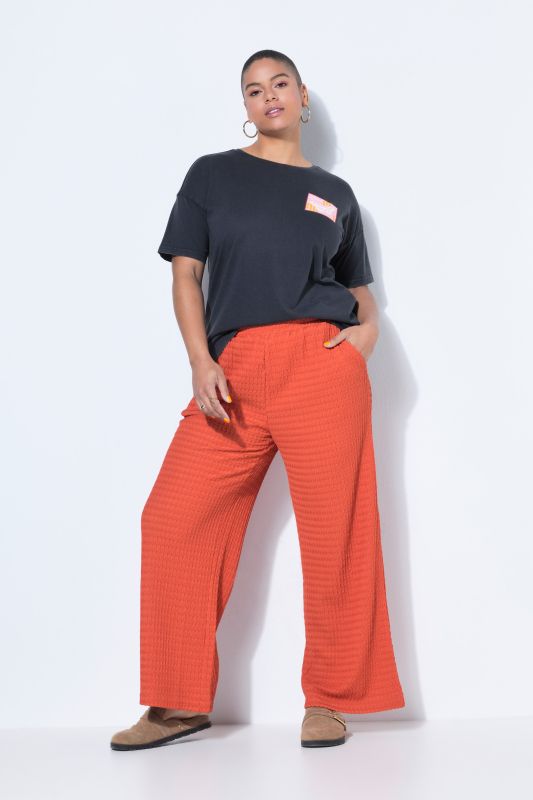 Pantalon en tissu gaufré, taille élastique et jambe large