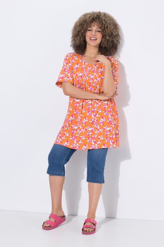 T-shirt long motif à fleurs, plis fantaisie, décolleté rond et manches courtes, coupe évasée