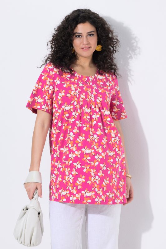 T-shirt long motif à fleurs, plis fantaisie, décolleté rond et manches courtes, coupe évasée