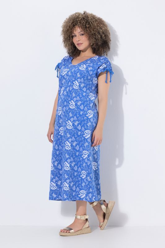 Robe midi sans manches, cordons à froncer, décolleté rond et coupe évasée