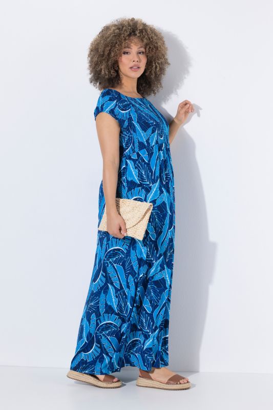Robe maxi smockée, motif à feuilles, décolleté carré et manches courtes
