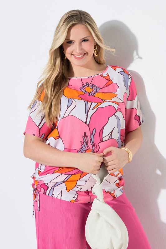 Blouse imprimé floral, cordons à froncer, décolleté rond et manches courtes