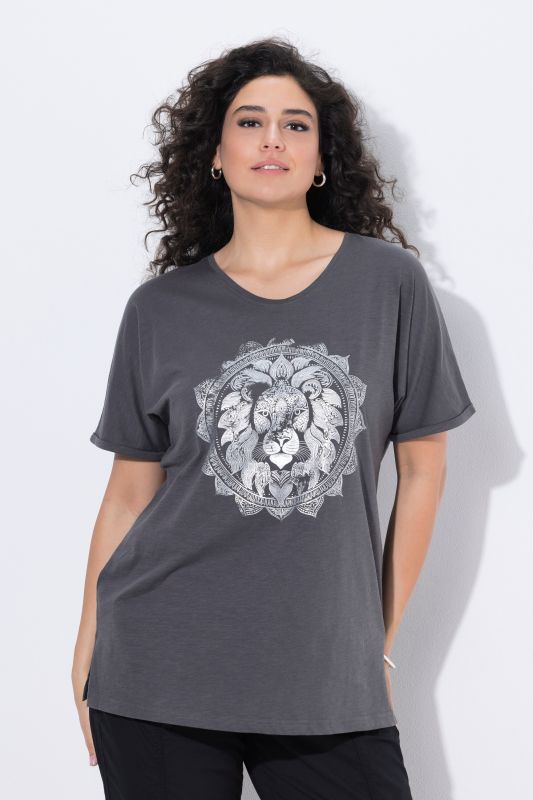 T-shirt mandala animal métallique, décolleté en V et manches courtes