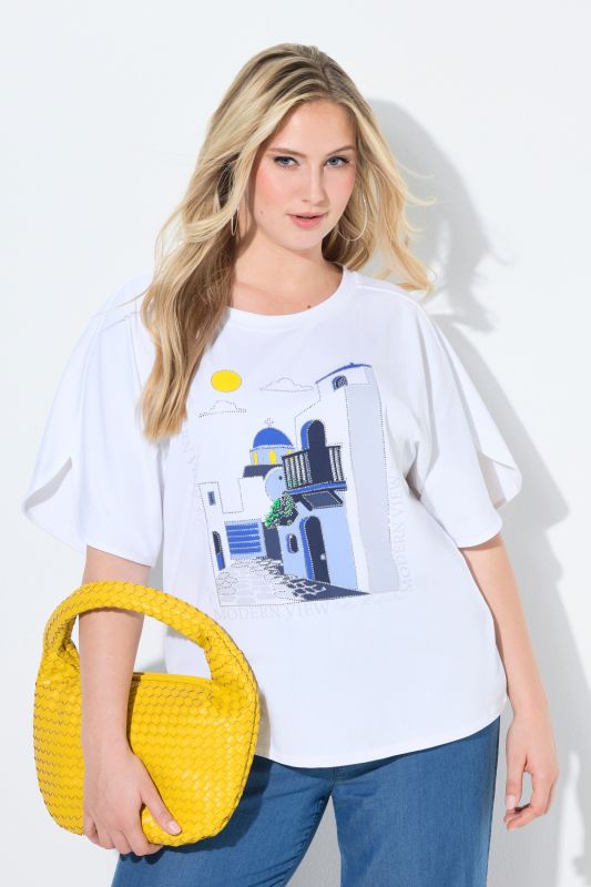 T-shirt oversize, imprimé Santorin, décolleté rond et manches courtes