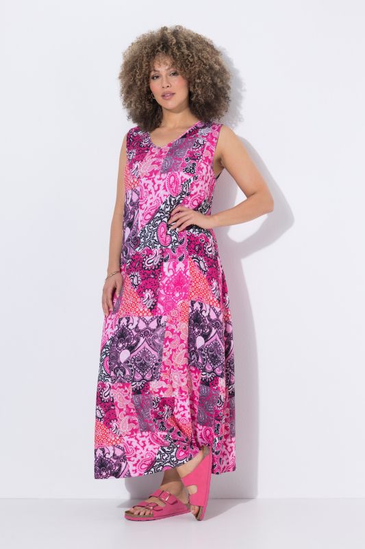 Robe maxi sans manches, jeu de motifs, décolleté en V et coupe évasée