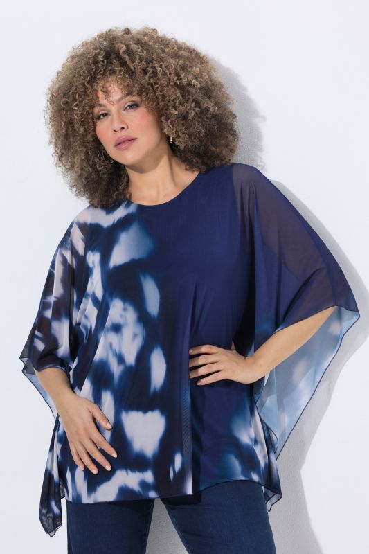 Blouse en tulle doublée, coupe oversize, décolleté rond et manches courtes