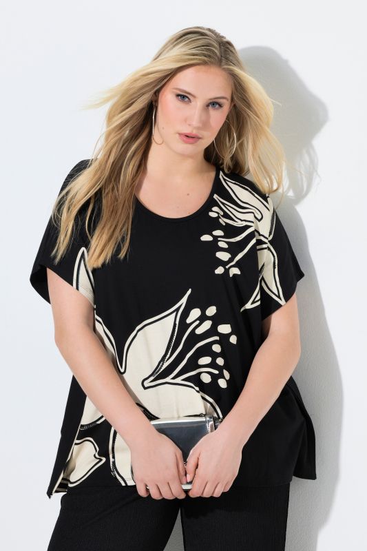 T-shirt esprit poncho, motif floral, décolleté rond et manches courtes