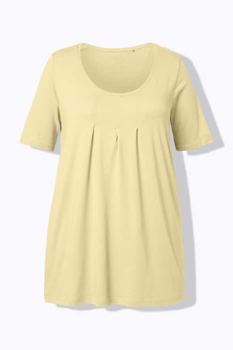 T-shirt en modal. Plis fantaisie, col rond et manches courtes. Coupe évasée