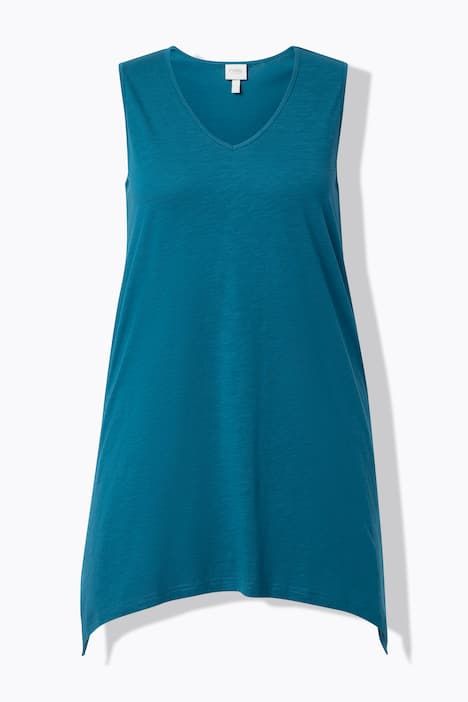Débardeur long avec base en pointe des deux côtés. Décolleté en V. Coton bio. Coupe évasée