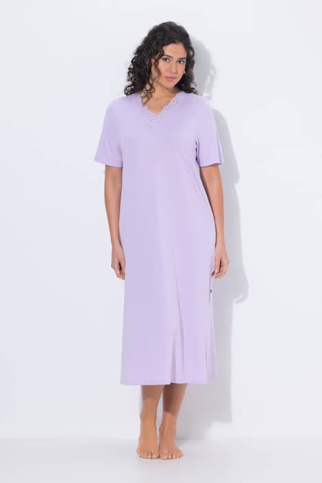 Chemise de nuit en modal mélangé, manches courtes et broderies ajourées