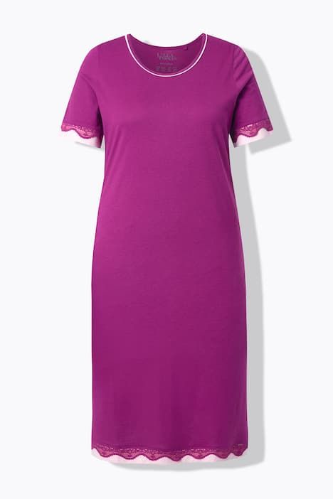 Chemise de nuit décolleté rond et manches courtes, liserés en dentelle