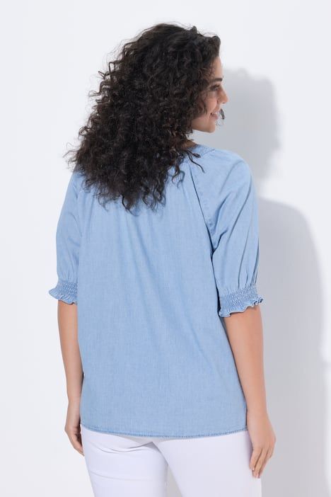 Blouse effet denim, col tunisien, manches mi-longues