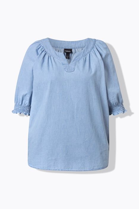 Blouse effet denim, col tunisien, manches mi-longues