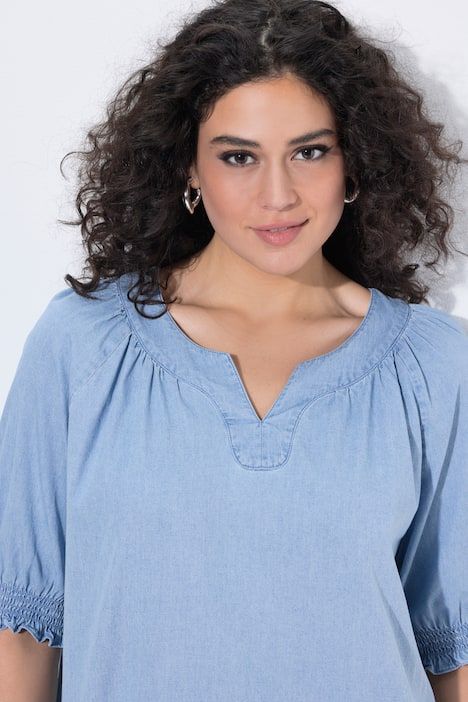 Blouse effet denim, col tunisien, manches mi-longues