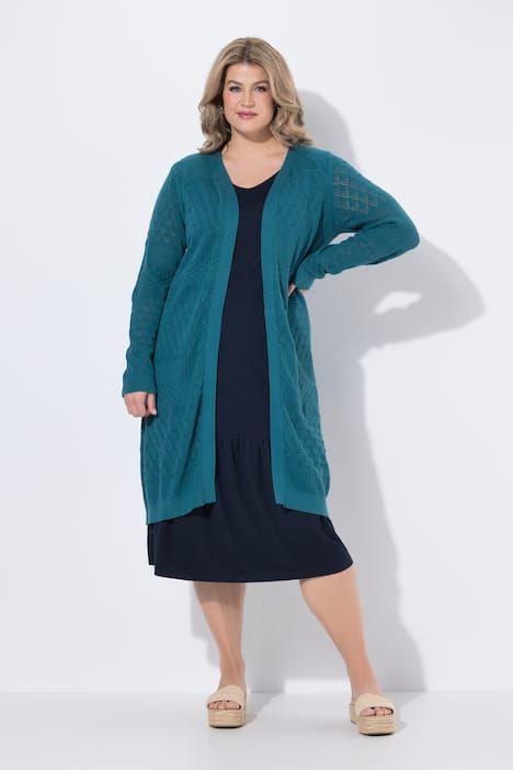 Cardigan long en maille de coton bio ajourée, coupe ouverte