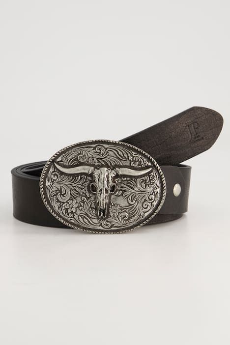 Ceinture en cuir véritable, boucle en métal avec crâne de buffle, longueur max. 170 cm