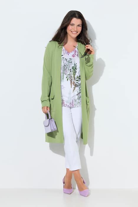 Cardigan long à col montant. Coupe ouverte