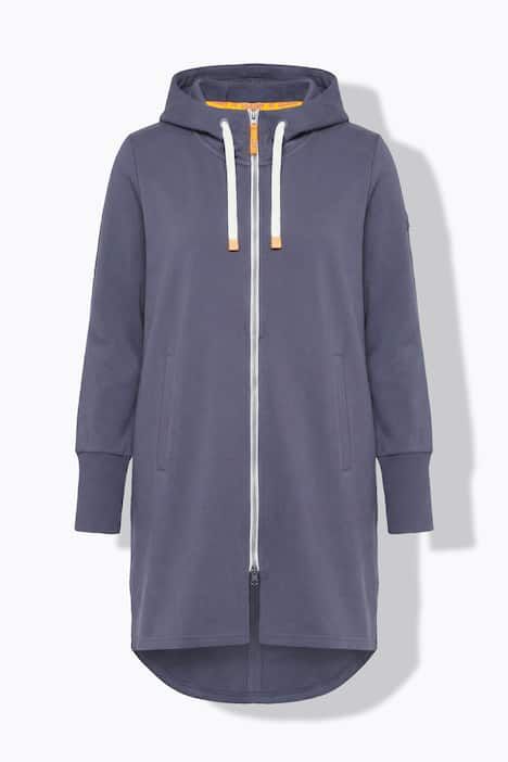 Veste à capuche en molleton. Coupe longue. Cordon de serrage dans la taille. Manches longues