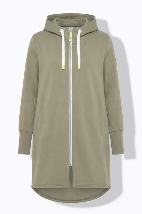 Veste à capuche en molleton. Coupe longue. Cordon de serrage dans la taille. Manches longues