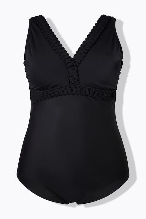 Maillot de bain à bonnets souples et galon fantaisie. Dos plongeant. Matière recyclée