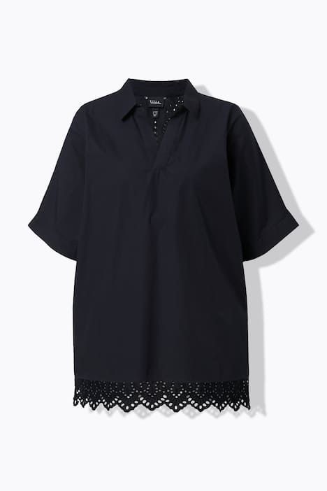 Blouse oversize. Broderies ajourées. Col chemise et manches courtes