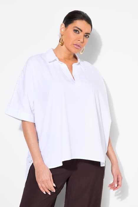 Blouse oversize. Broderies ajourées. Col chemise et manches courtes