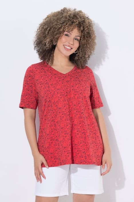 T-shirt, motif poissons. Col V à plis fantaisie. Manches courtes