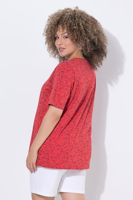 T-shirt, motif poissons. Col V à plis fantaisie. Manches courtes