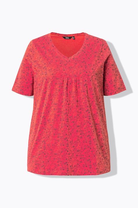 T-shirt, motif poissons. Col V à plis fantaisie. Manches courtes