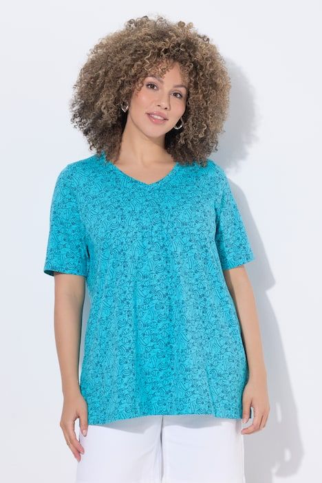 T-shirt, motif poissons. Col V à plis fantaisie. Manches courtes