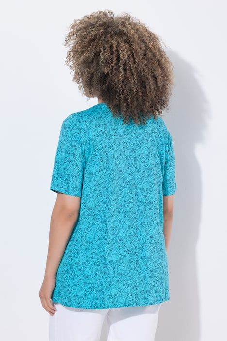 T-shirt, motif poissons. Col V à plis fantaisie. Manches courtes