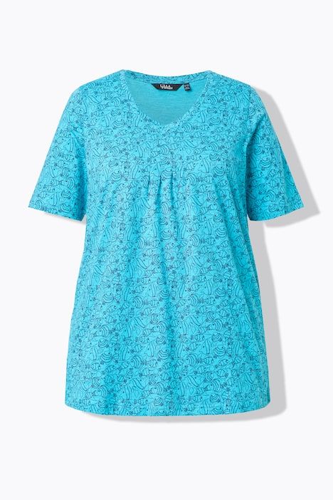 T-shirt, motif poissons. Col V à plis fantaisie. Manches courtes