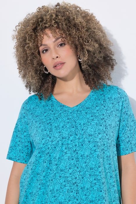 T-shirt, motif poissons. Col V à plis fantaisie. Manches courtes