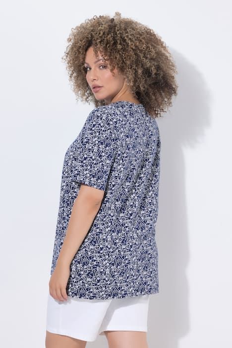 T-shirt, motif poissons. Col V à plis fantaisie. Manches courtes