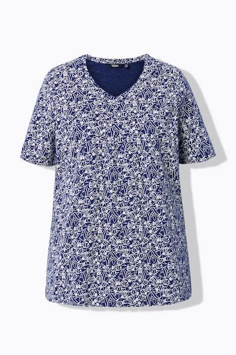 T-shirt, motif poissons. Col V à plis fantaisie. Manches courtes