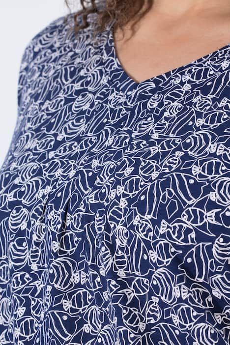 T-shirt, motif poissons. Col V à plis fantaisie. Manches courtes