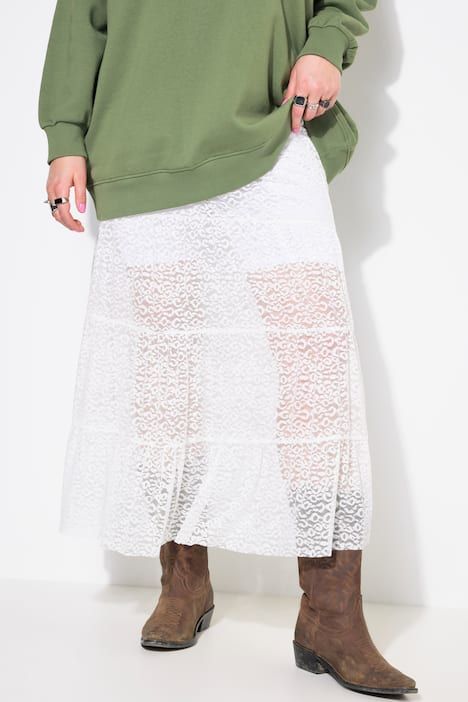 Jupe maxi en dentelle, taille élastique et volants, coupe évasée