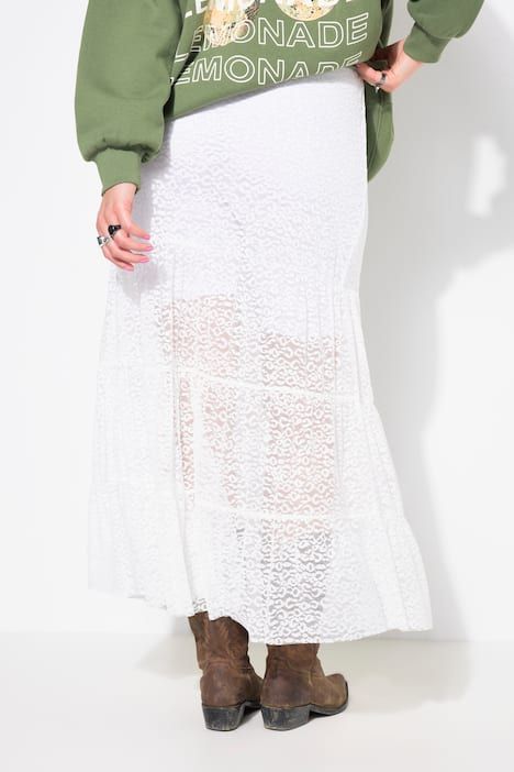 Jupe maxi en dentelle, taille élastique et volants, coupe évasée