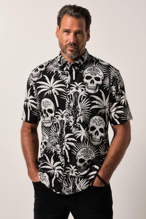 Chemise en jersey JP 1880, manches courtes et col à pointes boutonnées, motif tête de mort, coupe Modern Fit - jusqu'au 8 XL