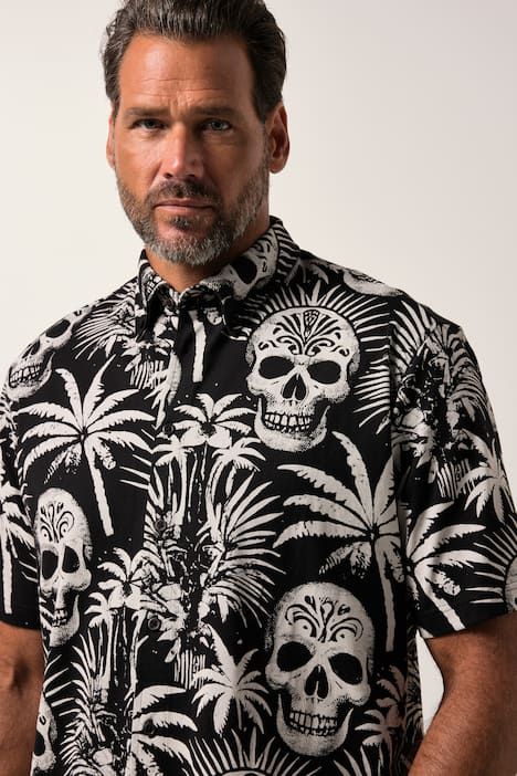 Chemise en jersey JP 1880, manches courtes et col à pointes boutonnées, motif tête de mort, coupe Modern Fit - jusqu'au 8 XL