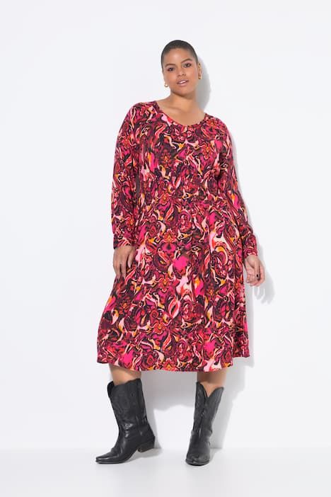 Robe midi imprimé all-over, manches longues raglan, coupe évasée