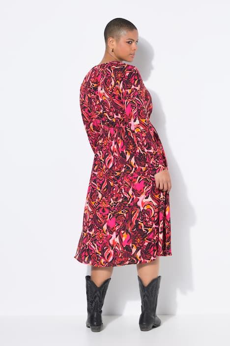 Robe midi imprimé all-over, manches longues raglan, coupe évasée