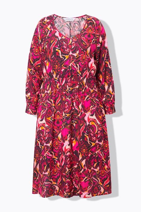 Robe midi imprimé all-over, manches longues raglan, coupe évasée