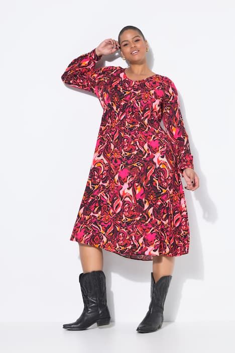 Robe midi imprimé all-over, manches longues raglan, coupe évasée