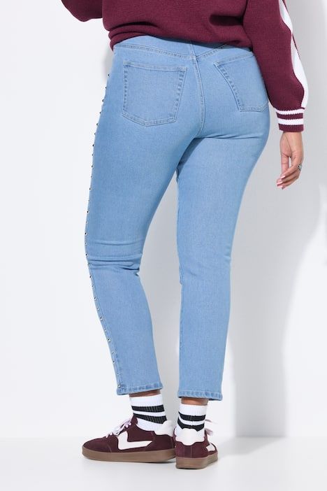 Jean Mom coupe 5 poches à taille élastique, rivets fantaisie