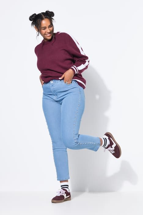 Jean Mom coupe 5 poches à taille élastique, rivets fantaisie