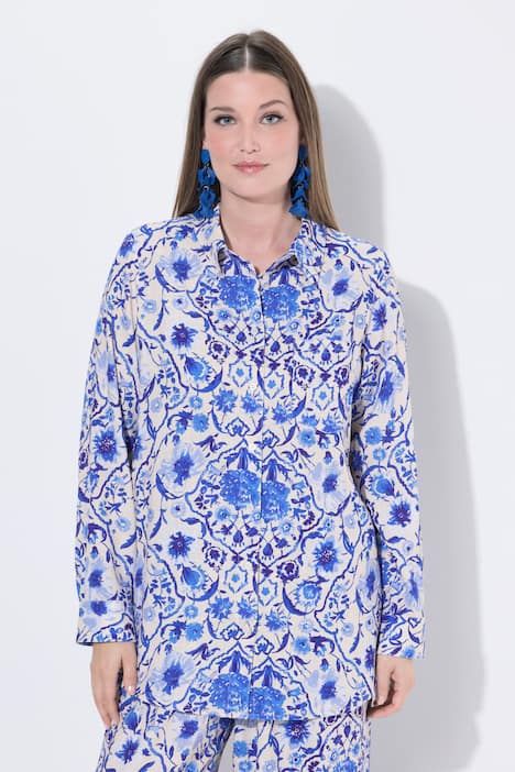 Chemisier en lin mélangé, col chemise, manches longues