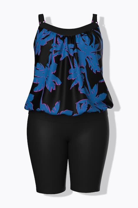 Tankini avec short, motif palmiers, bonnets souples et bretelles ajustables
